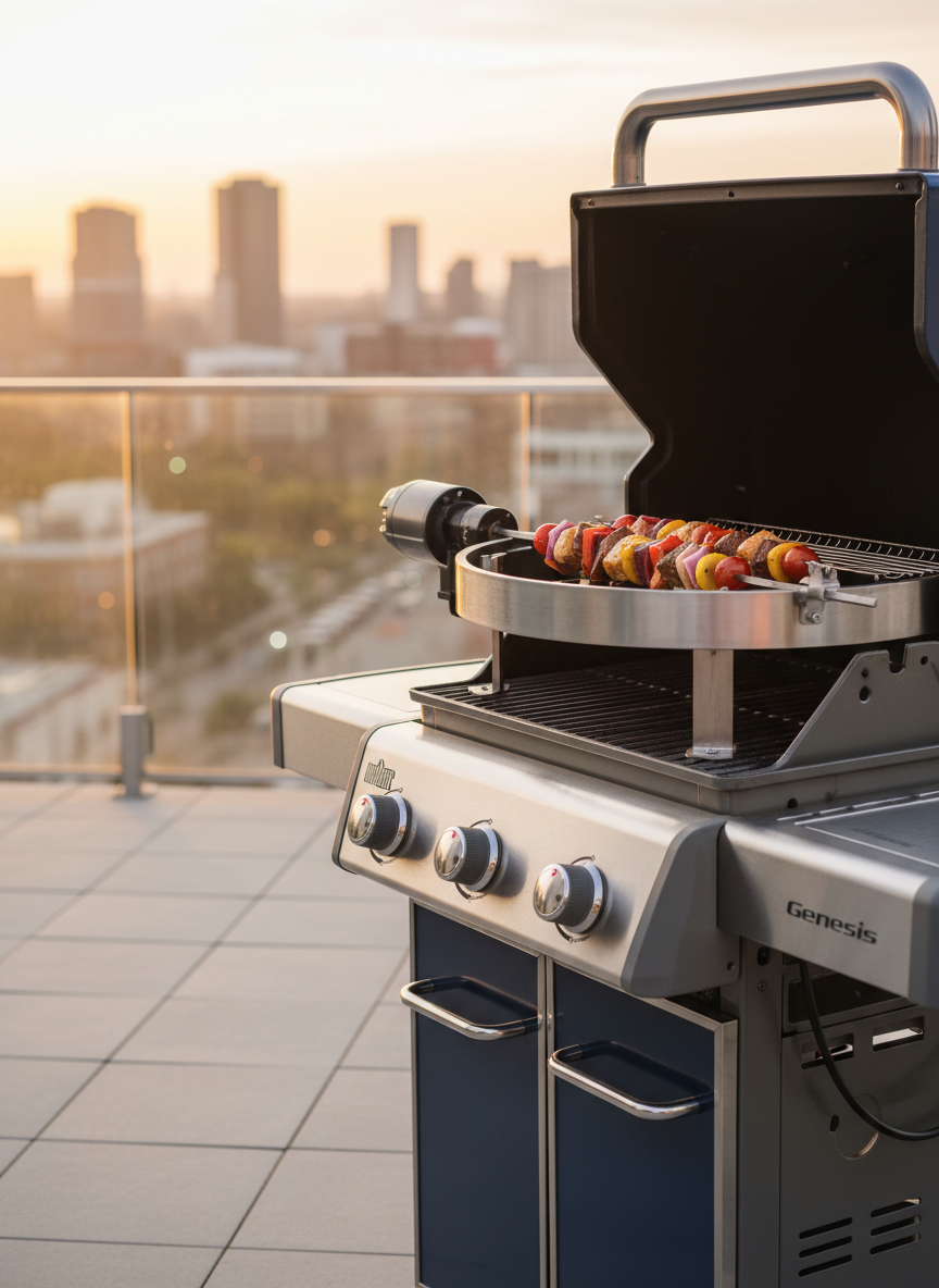 A Weber gas grill with its lid partially closed around an installed rotisserie ring, showing a perfectly centered spit rod carrying several evenly spaced skewers of colorful vegetables and meat. The grill stands on a modern tiled balcony, with a minimal glass railing and a softly blurred cityscape beyond. Warm, directional evening light from the side brings out the rich colors of the food and the brushed-metal textures of the Weber body and rotisserie brackets. Captured at a three-quarter angle using the rule of thirds, with moderate depth of field that keeps both grill and rotisserie accessories crisp. The mood is professional yet inviting, with clean, realistic photography suitable for showcasing product use-cases.