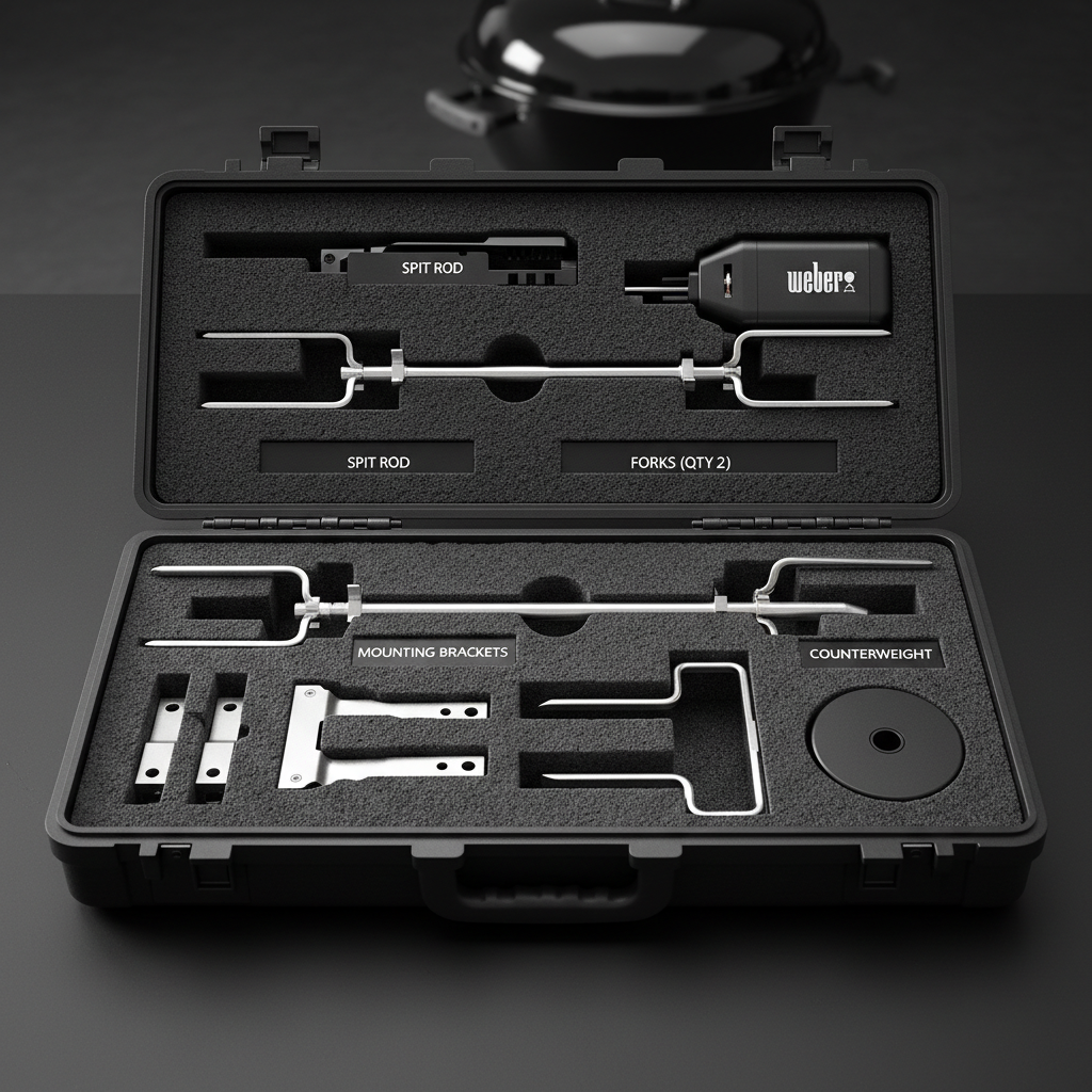 A meticulously organized Weber rotisserie accessory kit displayed inside a custom-molded, open transport case on a matte black tabletop. The case holds a stainless-steel spit rod, multiple fork sets, a compact motor, mounting brackets, and a counterweight, each nestled in its own perfectly cut foam compartment with labeled embossing. Soft, directional studio lighting from the top left creates gentle shadows inside the foam cutouts and clean reflections on the polished metal components. The background is minimal and slightly out of focus, with only a hint of a Weber grill silhouette. Captured from a top-down, flat-lay perspective with sharp focus and high clarity, conveying precision, professionalism, and premium build quality in realistic photographic style.