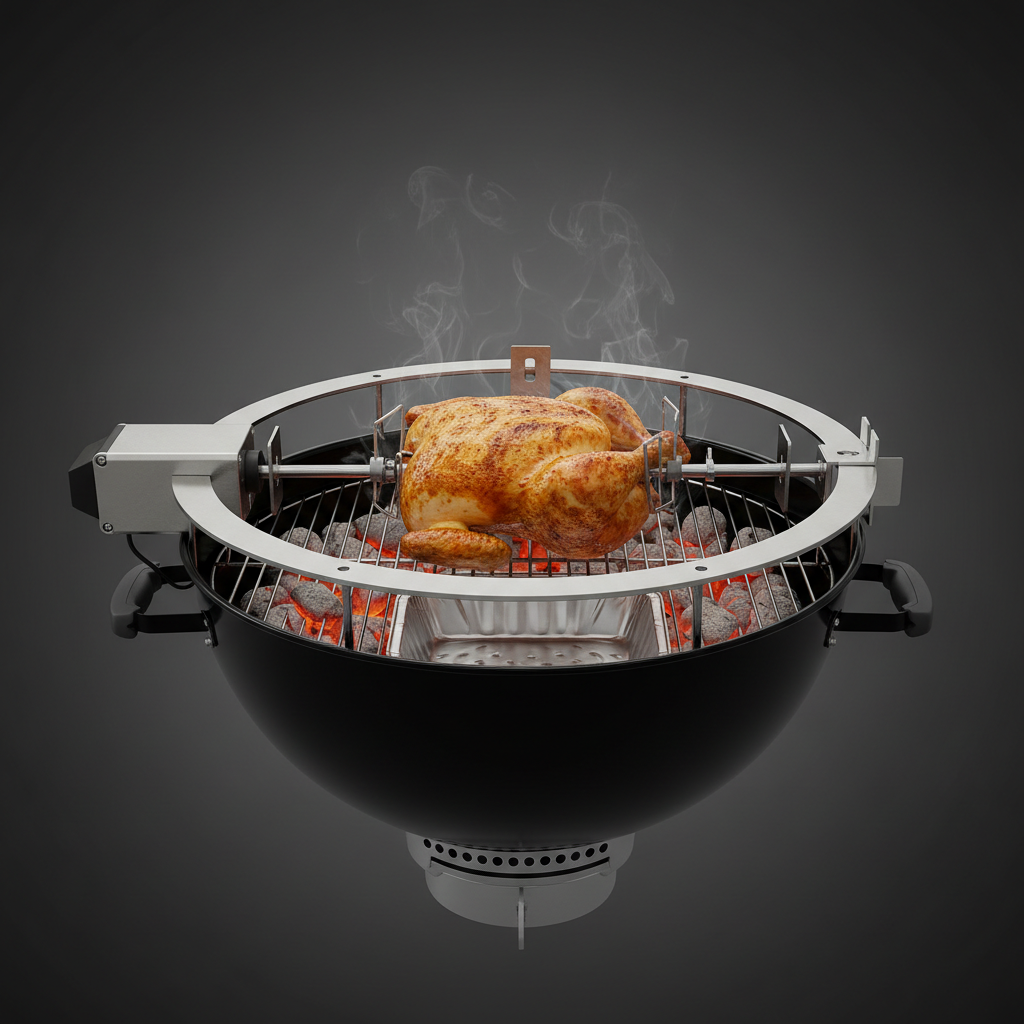 Interior cutaway-style view of a Weber kettle grill illustrated photographically, focusing on the rotisserie system in operation. The spit rod runs horizontally across the center, supporting a balanced load, while beneath it glowing charcoal briquettes are banked to the sides for indirect heat. Wisps of subtle smoke curl upward around the rotating roast, whose skin shows detailed texture and light browning. Neutral dark background fades away to emphasize the thermal layout and airflow. Cool, controlled studio-style lighting simulates the internal glow of coals combined with a soft overhead key light, highlighting the engineering of the rotisserie ring, brackets, and motor housing. Shot from a slightly elevated cross-section perspective, creating an educational, technical yet visually appealing product-explainer feel.