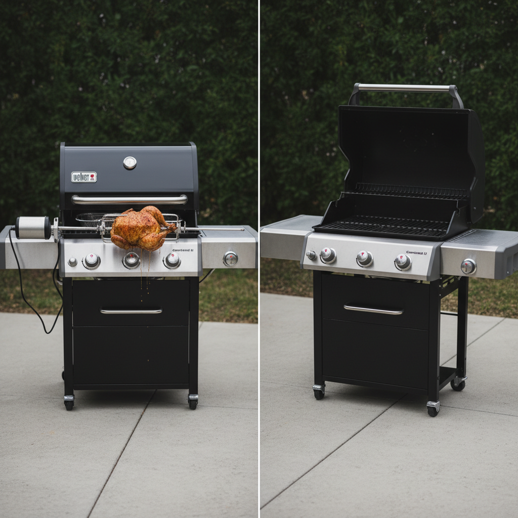 Detailed side-by-side comparison shot of two Weber grills, one fitted with a rotisserie and one without, arranged on a smooth concrete patio against a simple, dark, out-of-focus hedge. The grill with rotisserie shows the motor mounted, the spit rod engaged, and a perfectly centered roast, while the standard grill is clean and empty, lid open. Soft overcast outdoor lighting ensures even illumination with minimal harsh shadows, ideal for clearly seeing hardware differences. Captured from an eye-level, straight-on perspective with balanced framing, labels or arrows could easily be overlaid in post-production. The style is clean, realistic, and instructional, designed to highlight the advantages and configuration of the rotisserie apparatus in a professional product-comparison context.