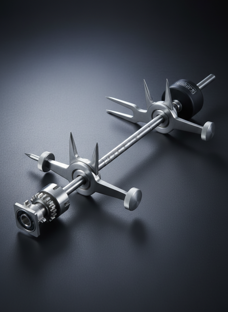 Close-up macro view of a Weber-compatible rotisserie skewer system laid out on a dark brushed-steel surface. The polished stainless-steel spit rod, heavy-duty fork clamps, counterweight, and square-drive end are arranged in a precise, technical composition, each component clearly visible with engraved measurement marks and knurled tightening knobs. Cool, diffused studio lighting from above creates soft reflections and precise edge highlights, emphasizing the machining quality and robust construction. The background gently falls into a subtle gradient, keeping attention on the hardware. Shot from a slightly elevated angle with sharp focus throughout, conveying an engineering-grade, professional product catalog aesthetic in photographic realism.