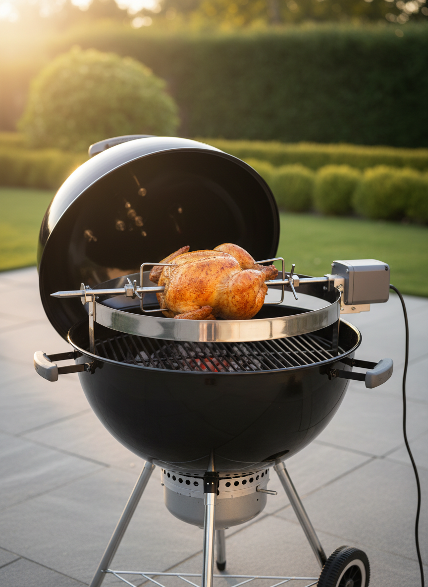 A premium Weber charcoal grill fitted with a gleaming stainless-steel rotisserie kit, the solid spit rod running perfectly level through a golden, evenly browned whole chicken. The grill lid is open, revealing cast-iron grates and the dedicated rotisserie motor mounted securely on the side. The scene is set on a clean stone terrace with blurred greenery in the background. Late afternoon natural light creates crisp highlights on the metal and subtle shadows inside the kettle. Shot at eye level with a shallow depth of field, emphasizing the rotisserie mechanism and juicy, rotating bird. Photographic realism with a clean, professional, product-focused atmosphere suitable for a commercial website hero image.